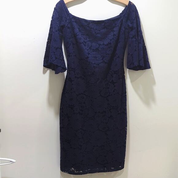 Laundry by Shelli Segal Lace Cocktail Dress Ink Blot Off the Shoulder Wmns Sz 6 - Picture 2 of 8